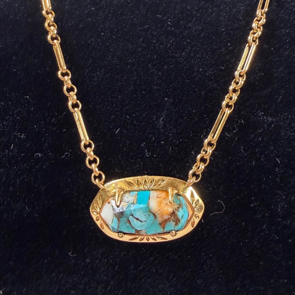 Kendra Scott Elisa Etched Frame Variegated Turquoise Gold Tone Pendant Necklace